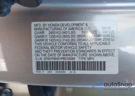 2023 Honda Passport Awd Elite z USA, uszkodzony, nr VIN 5FNYF8H01PB035680